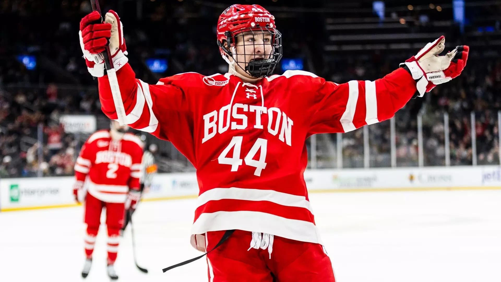 Boston University's Cole Hutson celebrates a goal