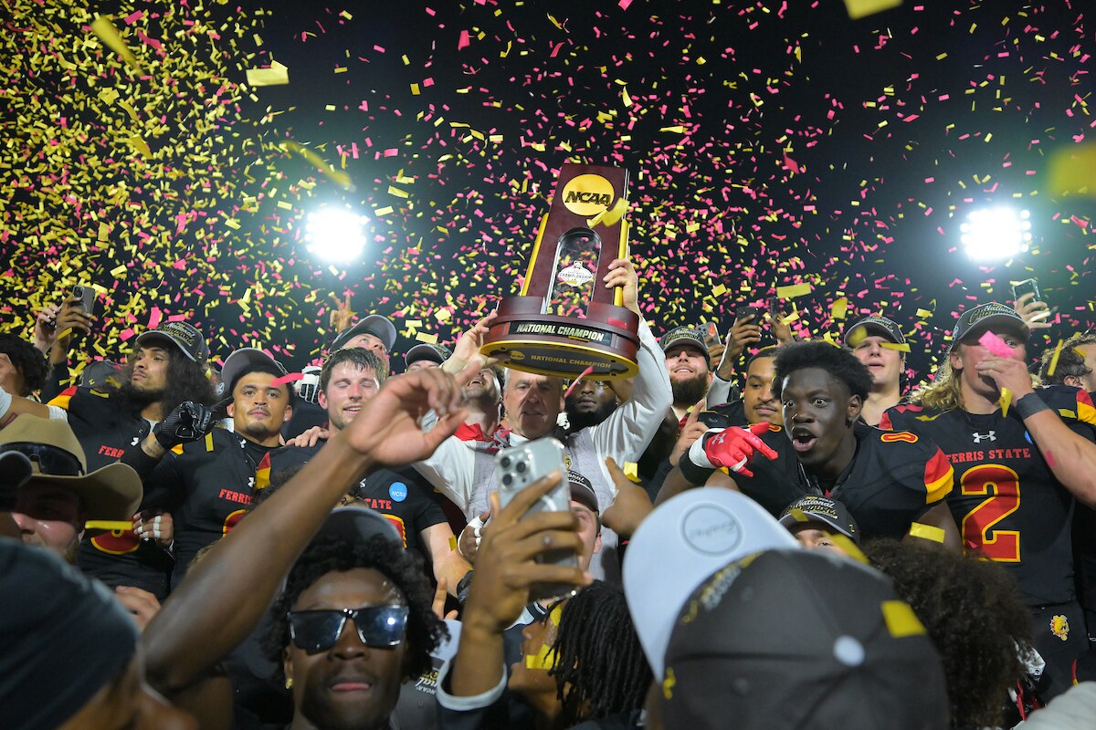 Head coach Tony Annese raises the trophy as the Ferris State Bulldogs celebrate winning the Division II Football Championship held at McKinney ISD Stadium on December 20, 2025 in McKinney, Texas. 